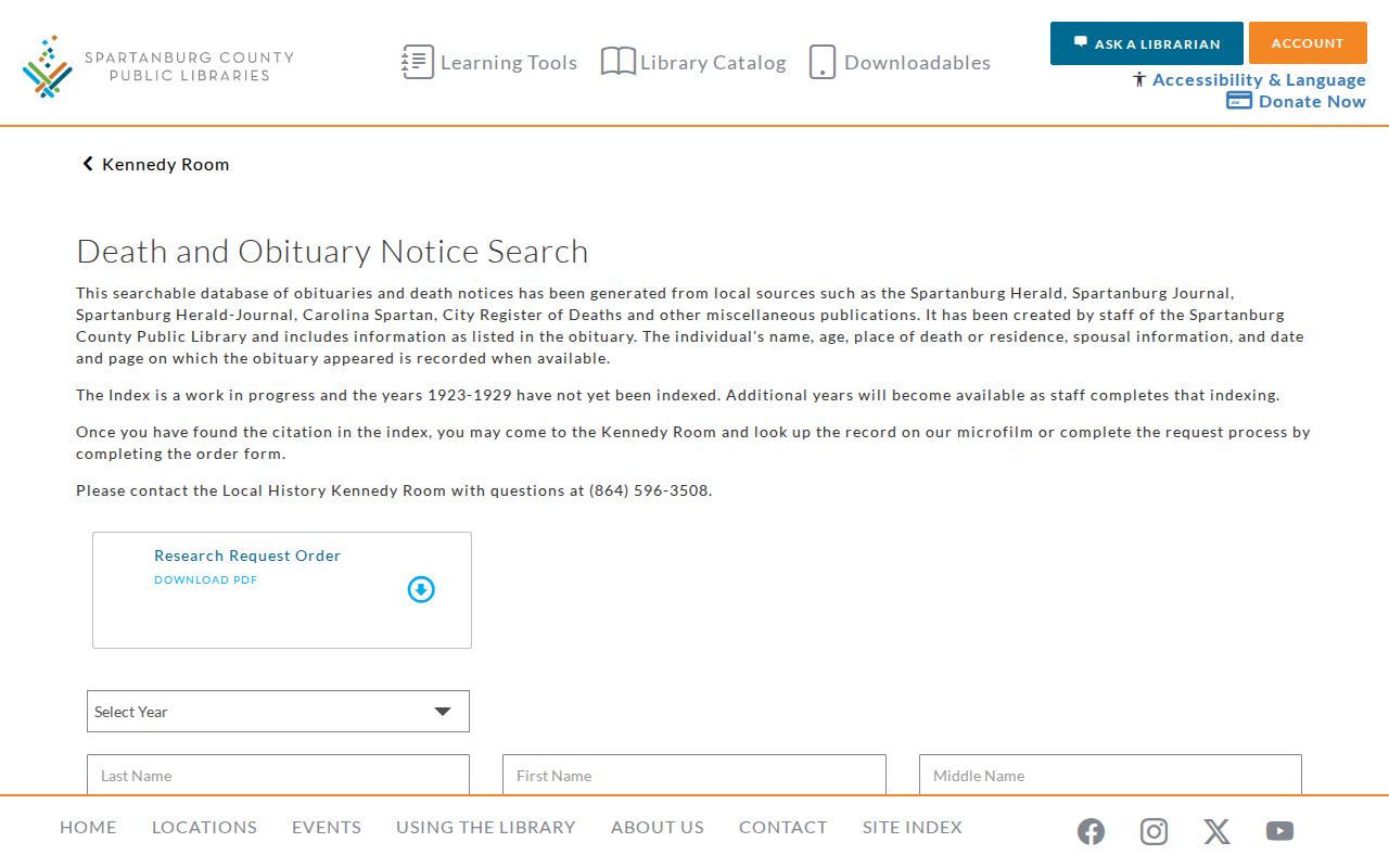 Spartanburg city directory Kennedy Room obituary index access