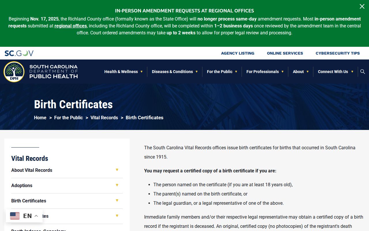 Spartanburg residents directory South Carolina vital records request page