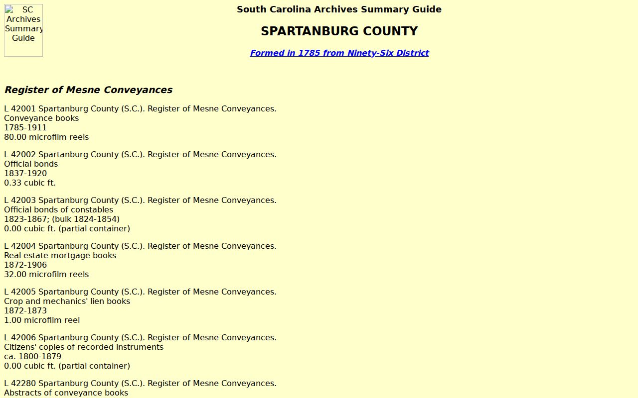 Spartanburg previous residents research using the South Carolina Archives conveyance-record guide